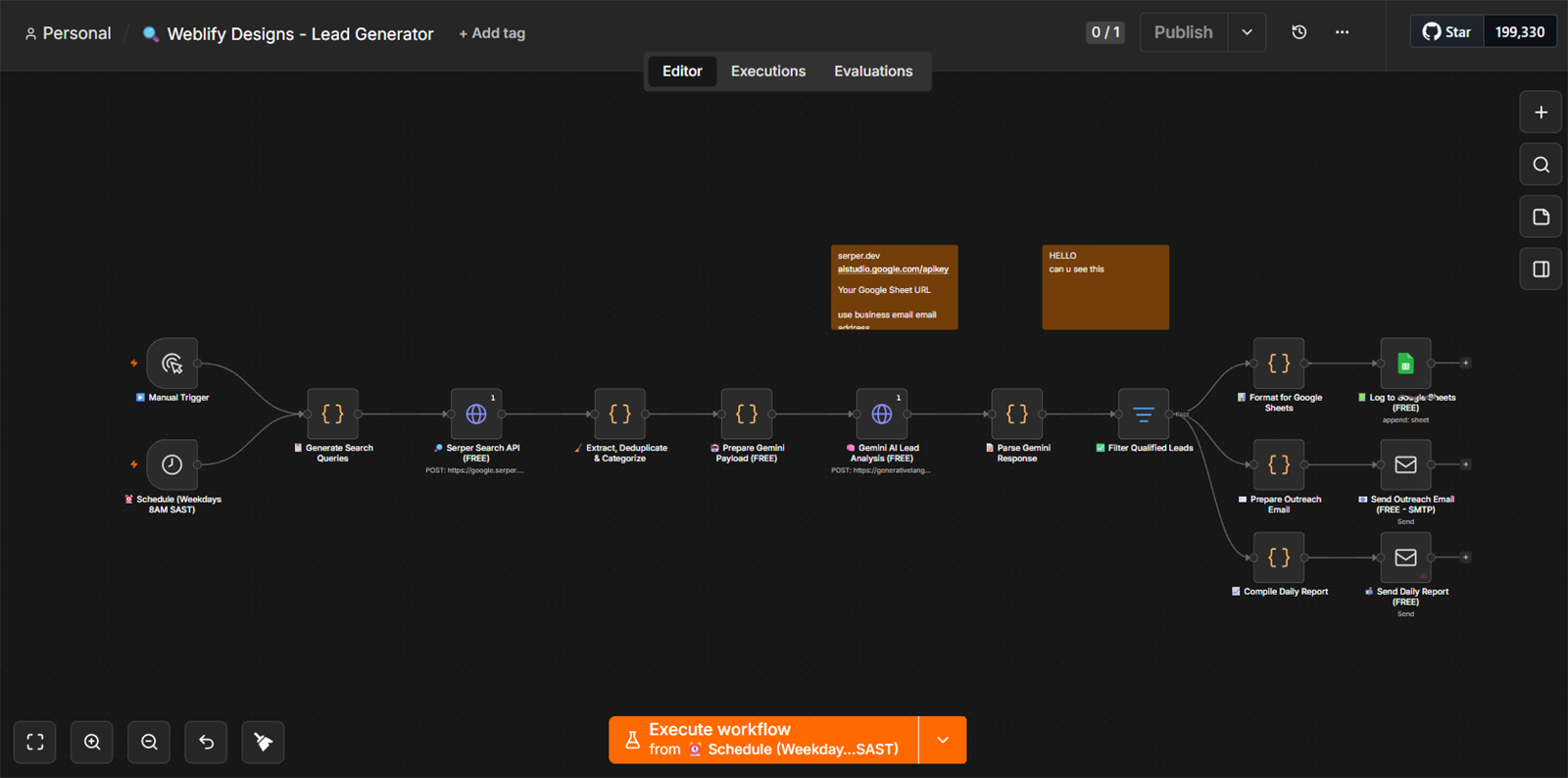 Weblify's live n8n lead-generation workflow running error-free